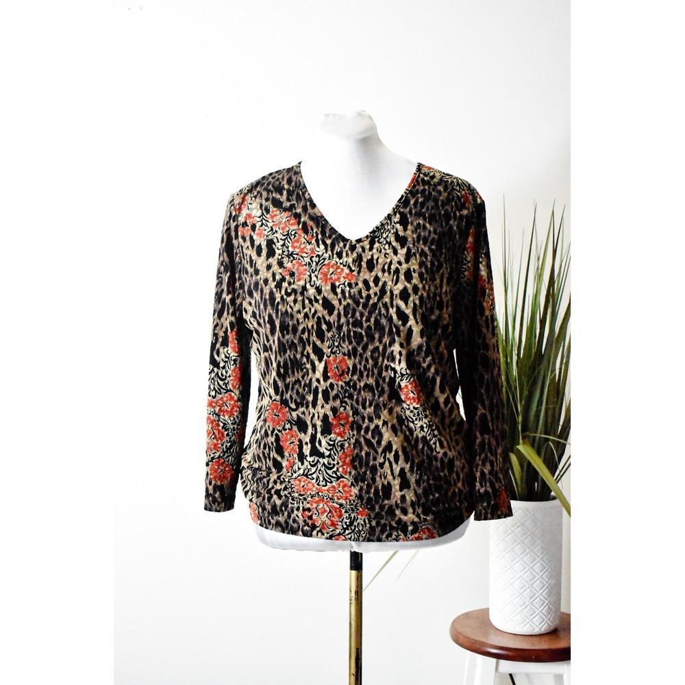 Y2K Leopard Floral Top‎ Womens XL Brown Black Orange Modern V-Neck Long Slv